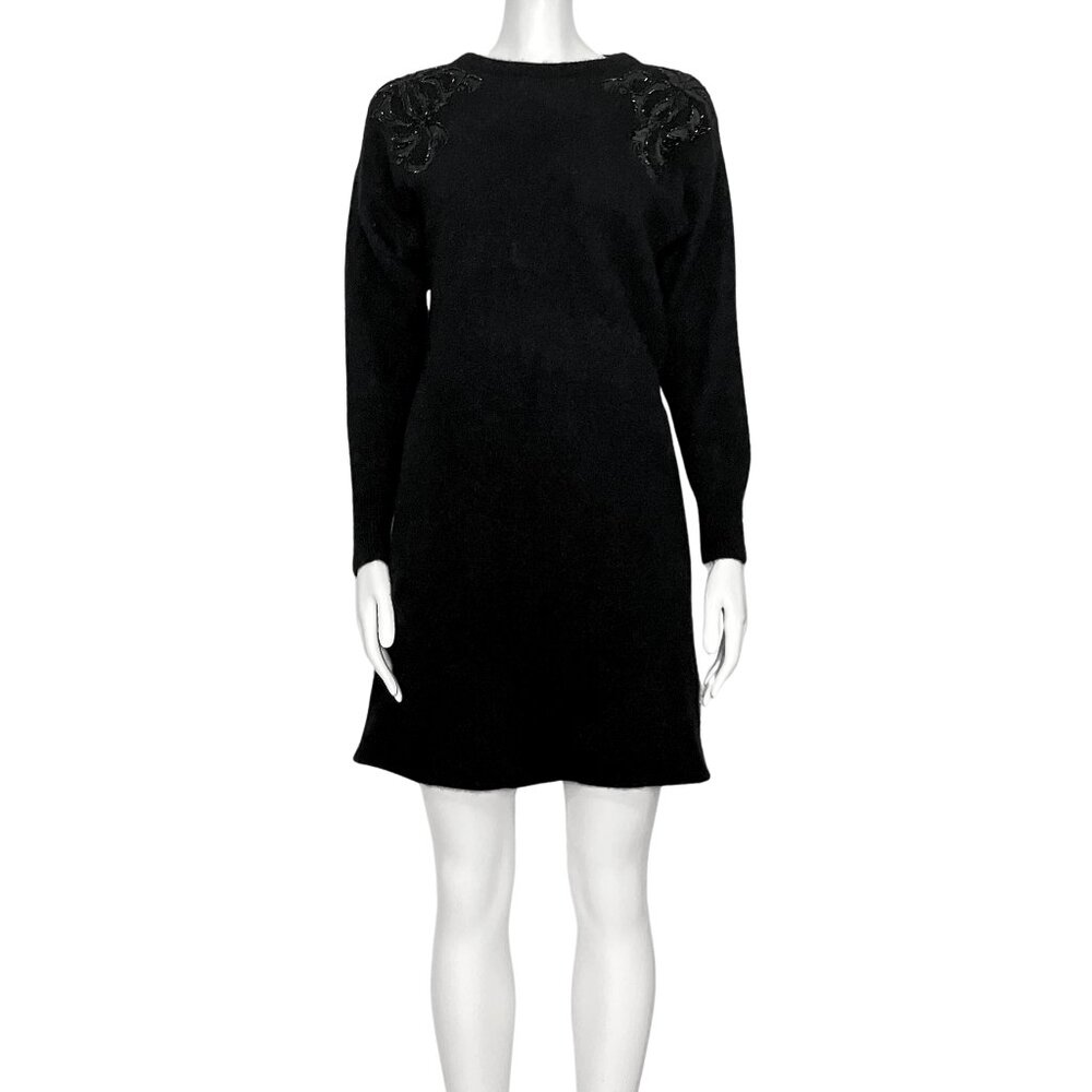 Vintage 80s Black Angora Lambswool Blend Sweater Dress Beaded Medium Whimsigoth